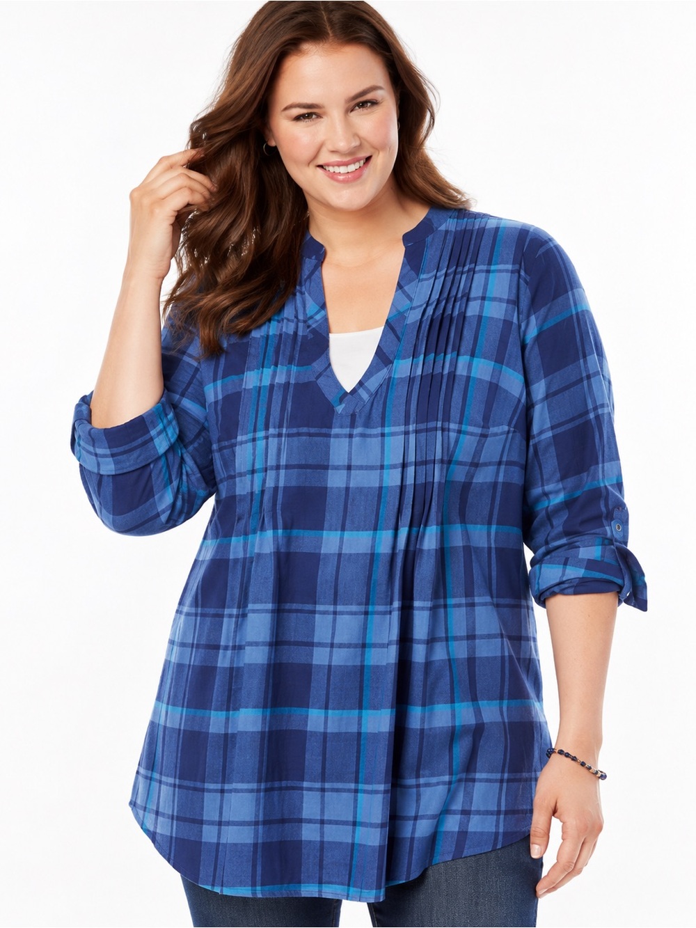 NWT Women’s 18/20 Blue Plaid Pleated Front Cotton Tunic Top